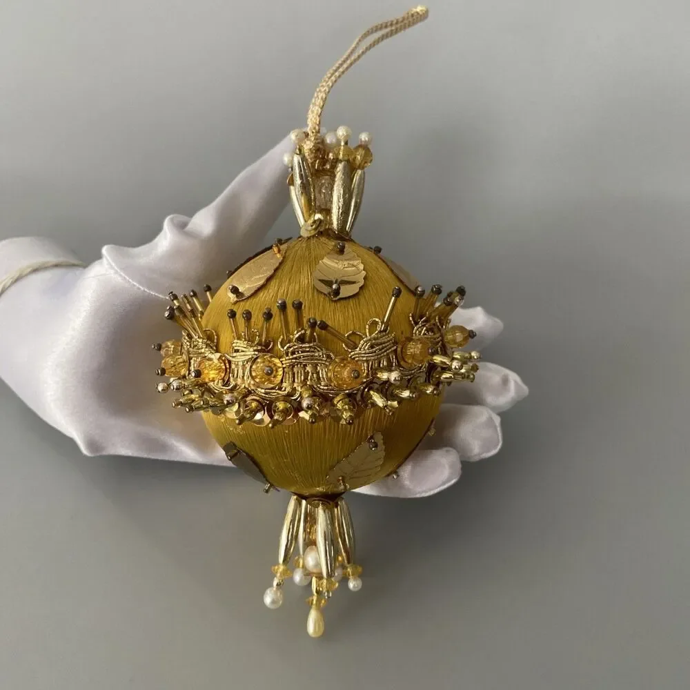Vintage Christmas Gold Beaded Push Pin Ornate Large Ball Ornament Large Handmade